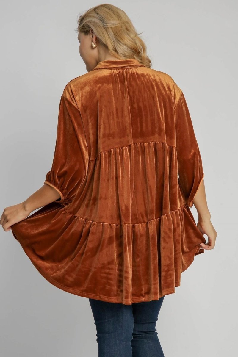 Umgee Full Size Button Down Tiered Back High Low Shirt - Love Salve